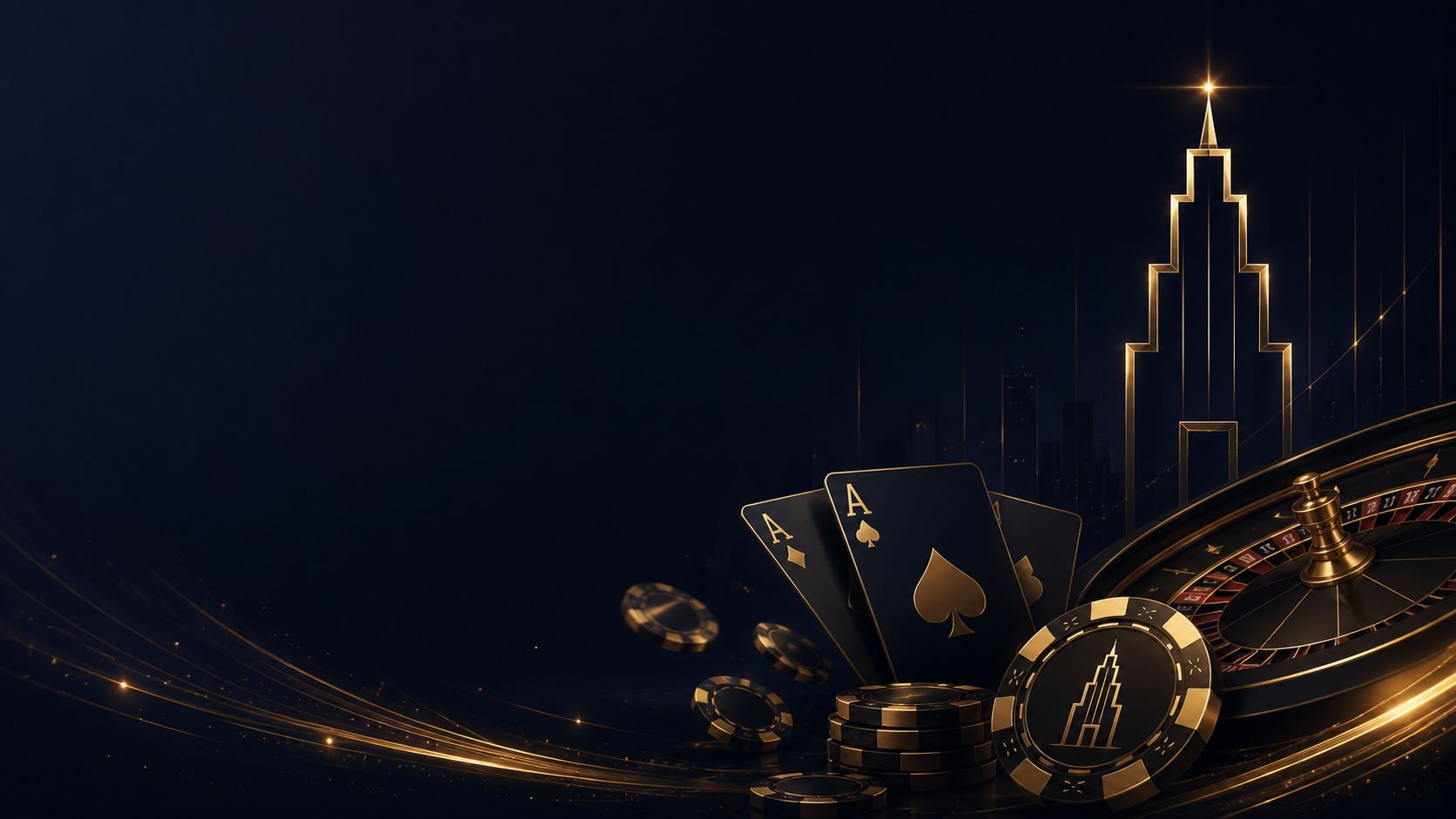 Playing cards, chips and a roulette wheel beneath the Tower beacon